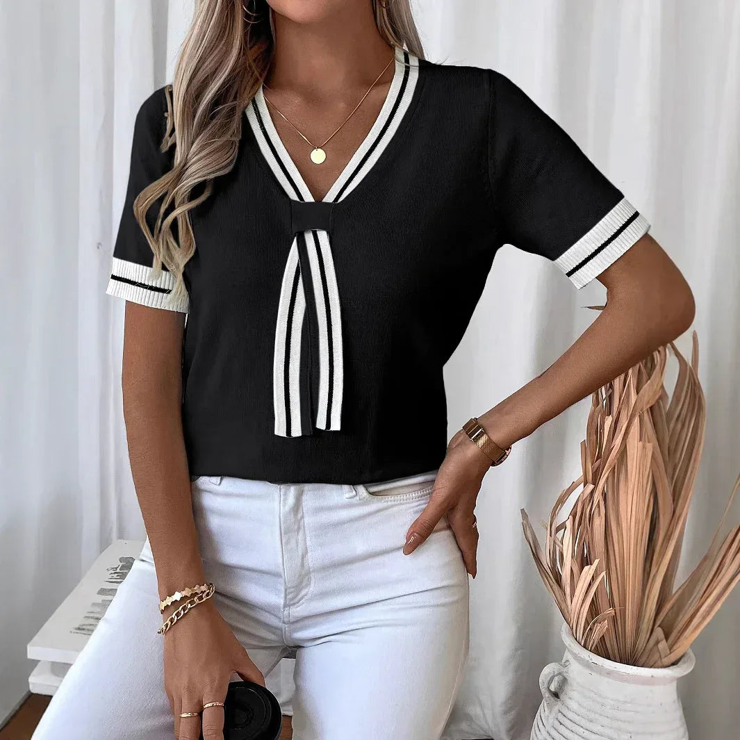Women's Contrast Color V-neck Short Top Sweater - DanaFashionstore