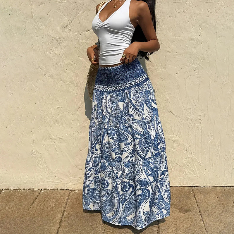 Women's Boho Floral Print Maxi Skirt - Elastic Waist A-Line Long Skirt For Spring&Summer Casual Beach Skirt - Dana Fashion