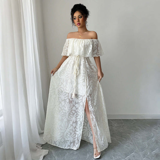 European And American Elegant Style Off-shoulder Lace Dress $59.50 Dana Fashion Color: Apricot Size: L Women's clothing Product information: Pattern: plants and flowers Skirt type: A- line skirt Color: white, apricot Waist type: elastic waist Size: S,M,L,