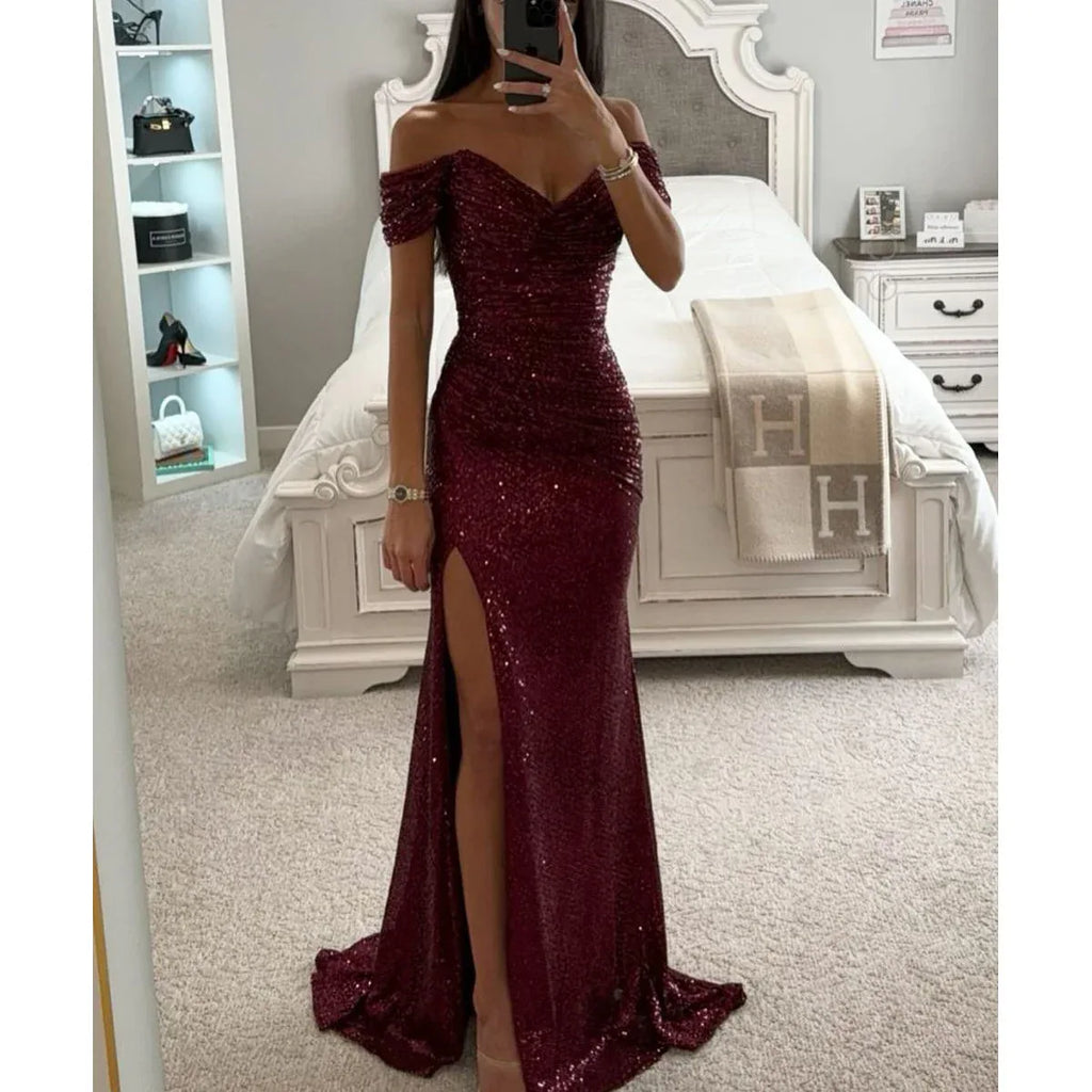 Party Sequins Off-neck Split Dress INS Casual Fashion Dress Women Charming Slimming Dress For Women - DanaFashionstore