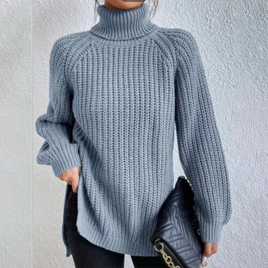 Turtleneck Pullover Sweater With Split Design Fashion Simple Solid Color Long Sleeve Tops Women's Clothing - DanaFashionstore