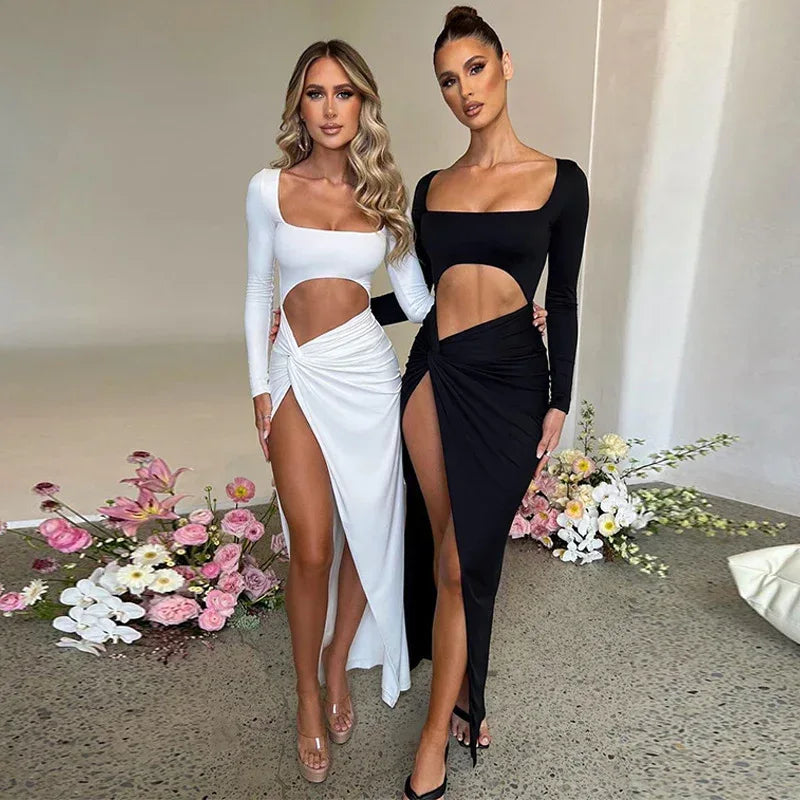 Womens Clothing Long Sleeve Dress Fashion Hollow U-neck Split Dress Party Wedding - DanaFashionstore