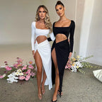 Womens Clothing Long Sleeve Dress Fashion Hollow U-neck Split Dress Party Wedding - DanaFashionstore