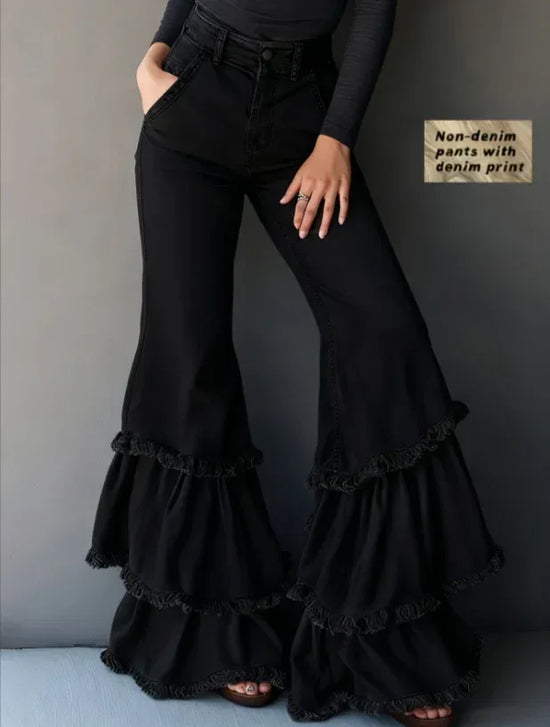 Denim-like Printed Multi-layer Ruffled Flared Pants - DanaFashionstore