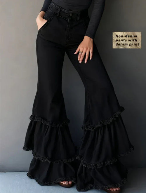 Denim-like Printed Multi-layer Ruffled Flared Pants - DanaFashionstore