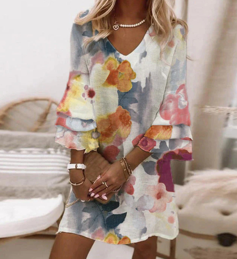 3D Digital Printed V-neck Sleeveless Dress