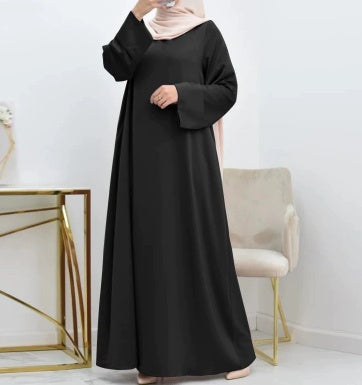 Women's Satin Dress, Simple Solid Color, Loose Fit, Round Neck, Long Sleeves