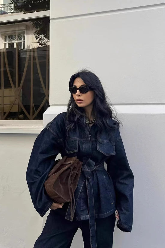 Women's Retro Waist Lace-up Waist-controlled Lapel Denim Coat Trousers Set