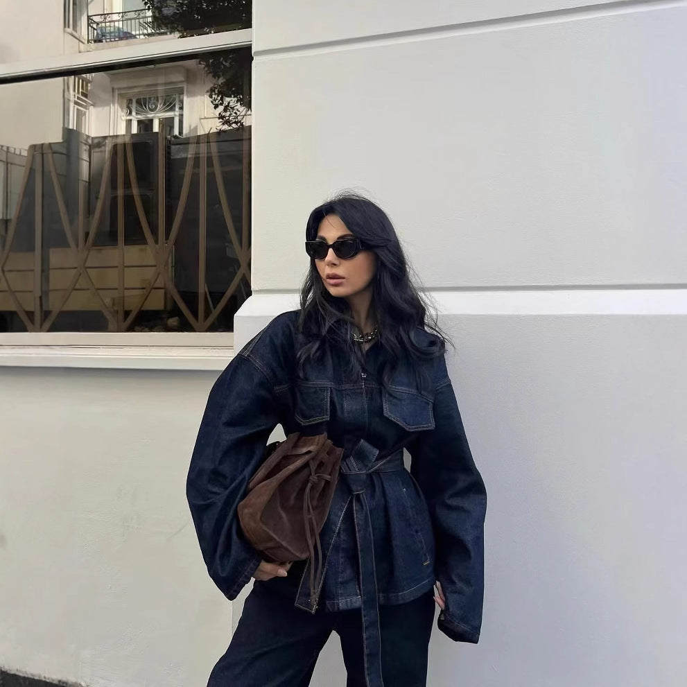 Women's Retro Waist Lace-up Waist-controlled Lapel Denim Coat Trousers Set