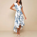 Women's Short-sleeved V-neck Digital Printing Irregular Front Short Back Length Dress