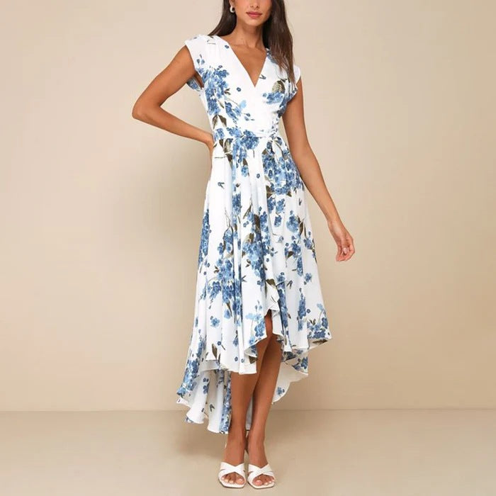 Women's Short-sleeved V-neck Digital Printing Irregular Front Short Back Length Dress