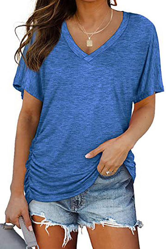 European And American T-shirt Solid Color Casual Loose-fitting V-neck Top