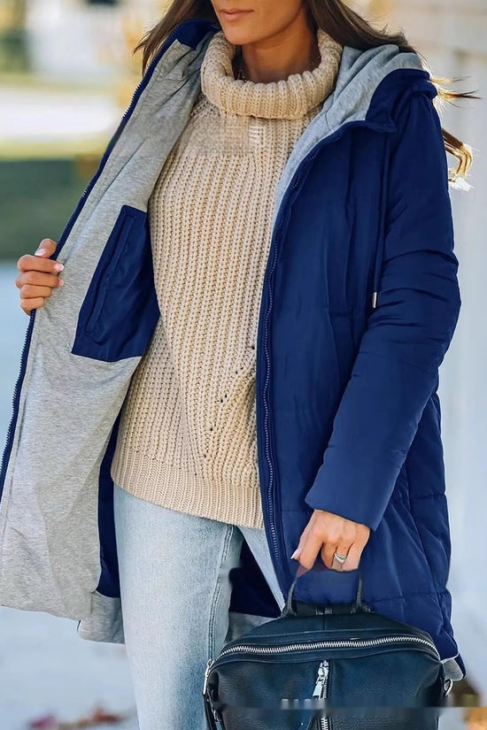 Women's Hooded Solid Color Pocket Long Cotton Jacket Coat