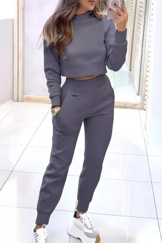 Stand Collar Sports Suit Fashion Pullover Long-sleeves Short Top And Slim Trousers With Pockets Solid Outfits Women's Clothing - DanaFashionstore