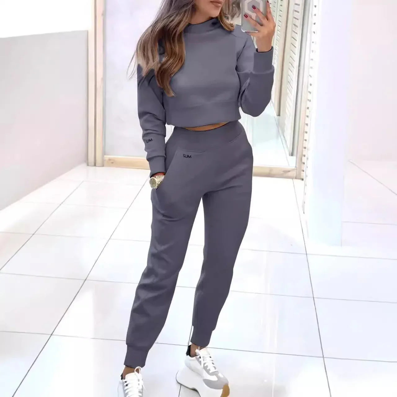 Stand Collar Sports Suit Fashion Pullover Long-sleeves Short Top And Slim Trousers With Pockets Solid Outfits Women's Clothing - DanaFashionstore