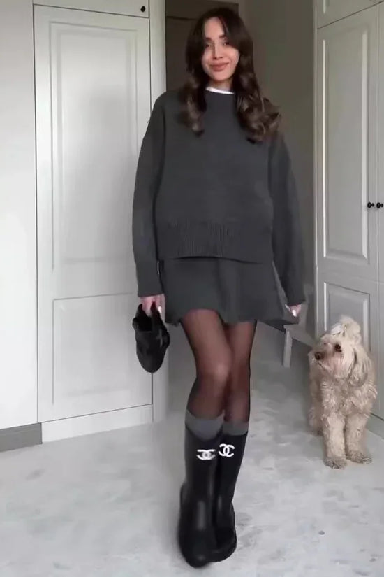 Sweater Skirt Sets For Women 2 Pieces Knit Casual Versatile Long Sleeve Pullover Elegant Solid High Waist Mini Skirt Outfit - DanaFashionstore