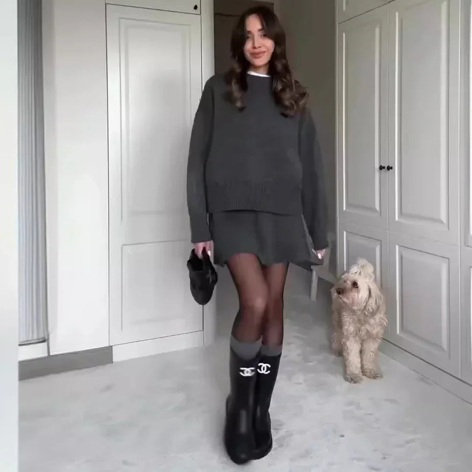 Sweater Skirt Sets For Women 2 Pieces Knit Casual Versatile Long Sleeve Pullover Elegant Solid High Waist Mini Skirt Outfit - DanaFashionstore