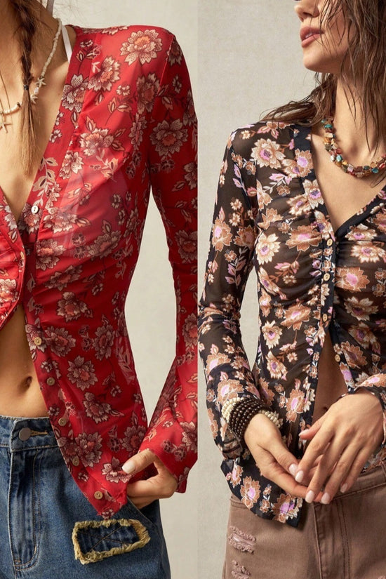 European And American Printed Shirt Women's Slim Fit Slimming Retro Temperament