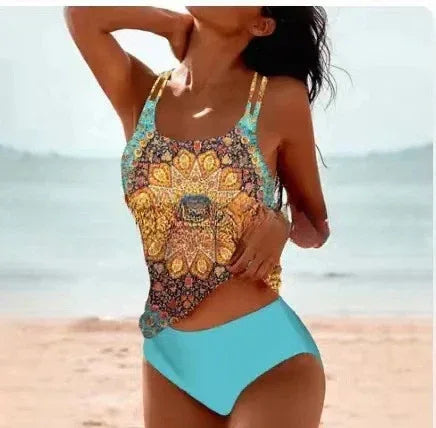 Retro Split High Waist Bikini Beach Print Strap Swimsuit - DanaFashionstore