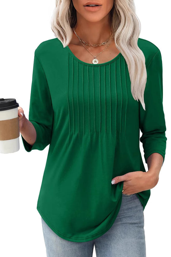 Women's Long Sleeve Top Fashion Casual Pleated Low Round Neck