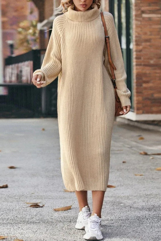Winter Turtleneck Knitted Sweater Dress Fashion Solid Loose Pullover Long Dresses For Women Clothing - DanaFashionstore