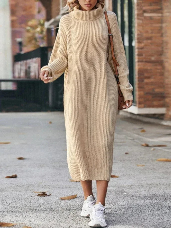 Winter Turtleneck Knitted Sweater Dress Fashion Solid Loose Pullover Long Dresses For Women Clothing - DanaFashionstore