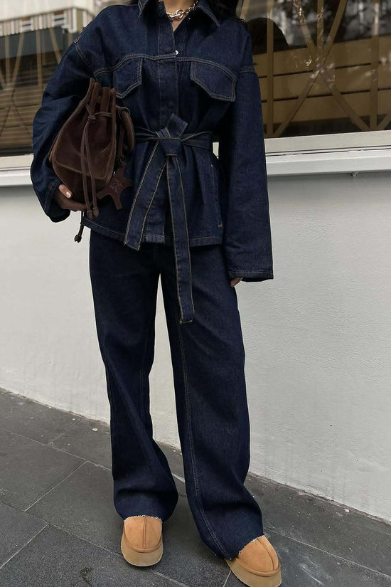 Women's Retro Waist Lace-up Waist-controlled Lapel Denim Coat Trousers Set