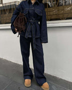 Women's Retro Waist Lace-up Waist-controlled Lapel Denim Coat Trousers Set