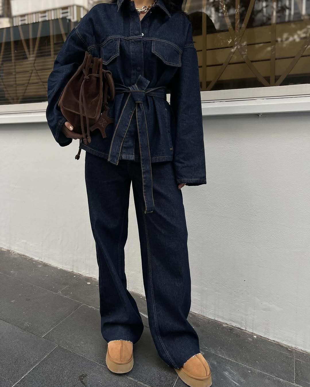 Women's Retro Waist Lace-up Waist-controlled Lapel Denim Coat Trousers Set