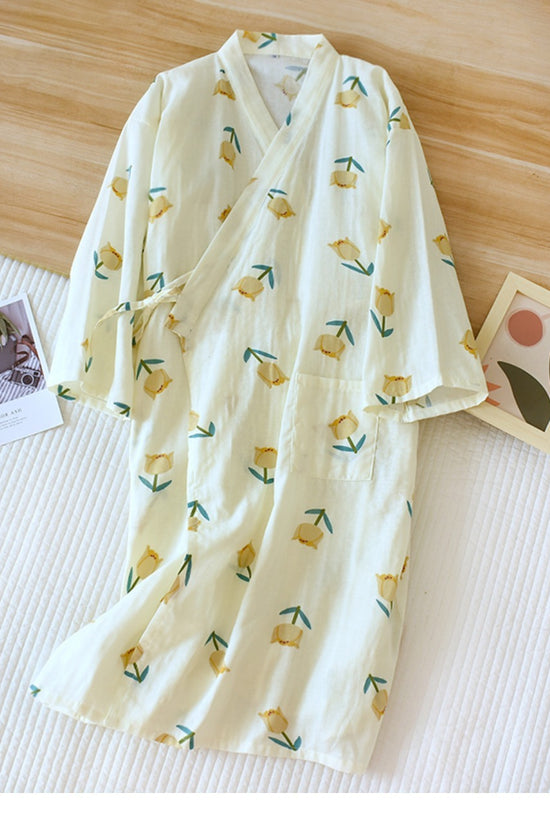 Women Bathrobe Nightdress Long Sleeve Nightgown Cotton Gauze - Dana Fashion