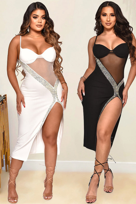 Women's Fashion Suspenders Rhinestone Split Dress