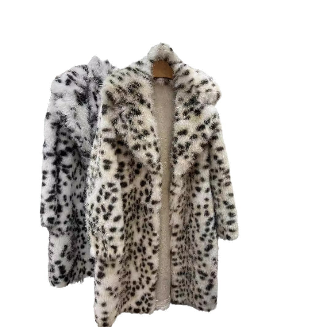 Women's Leopard Print Imitation Fur Fox Long-cut Coat Hooded