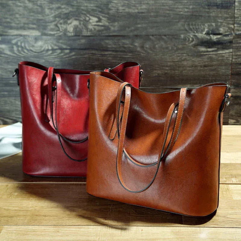 Simple Oil Wax Leather Messenger Shoulder Bags Women's High Capacity Portable Tote Bag - DanaFashionstore