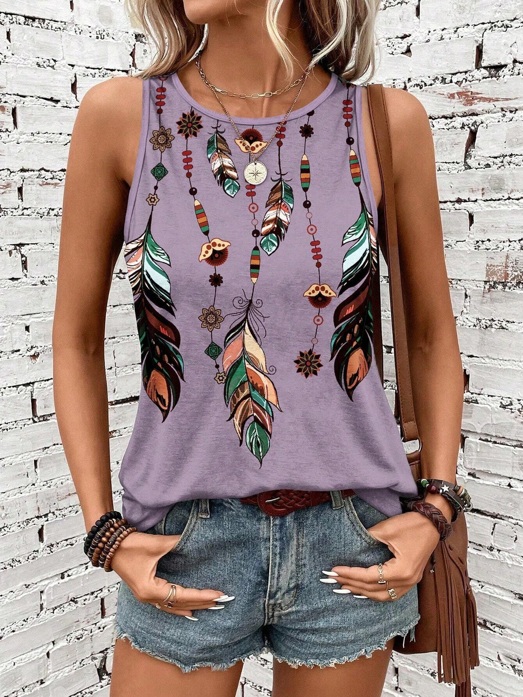 Women's Feather Print Vest Summer Print - DanaFashionstore
