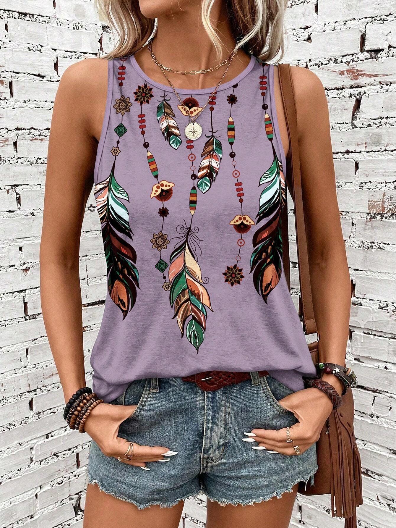 Women's Feather Print Vest Summer Print - DanaFashionstore