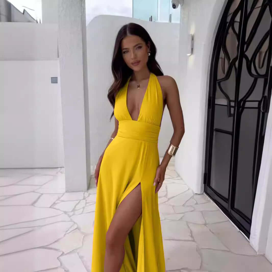 Spring New Women's Style Hanging Neck V-neck Slit Long Solid Color Dress $75.99 Dana Fashion Color: Yellow Size: 2XL Women's clothing Spring new women's style hanging neck V-neck slit long solid color dress Sweet and fresh Fabric Name: Cow Milk Silk