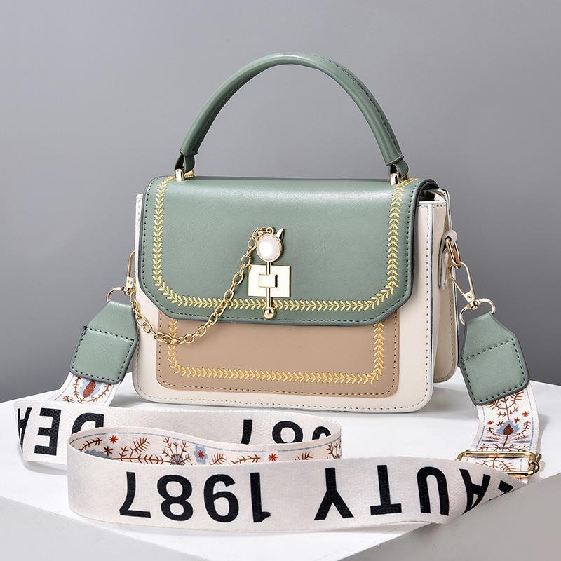Wide Shoulder Strap Embroidery Thread Contrast Color Large Capacity Shoulder Bag - Dana Fashion