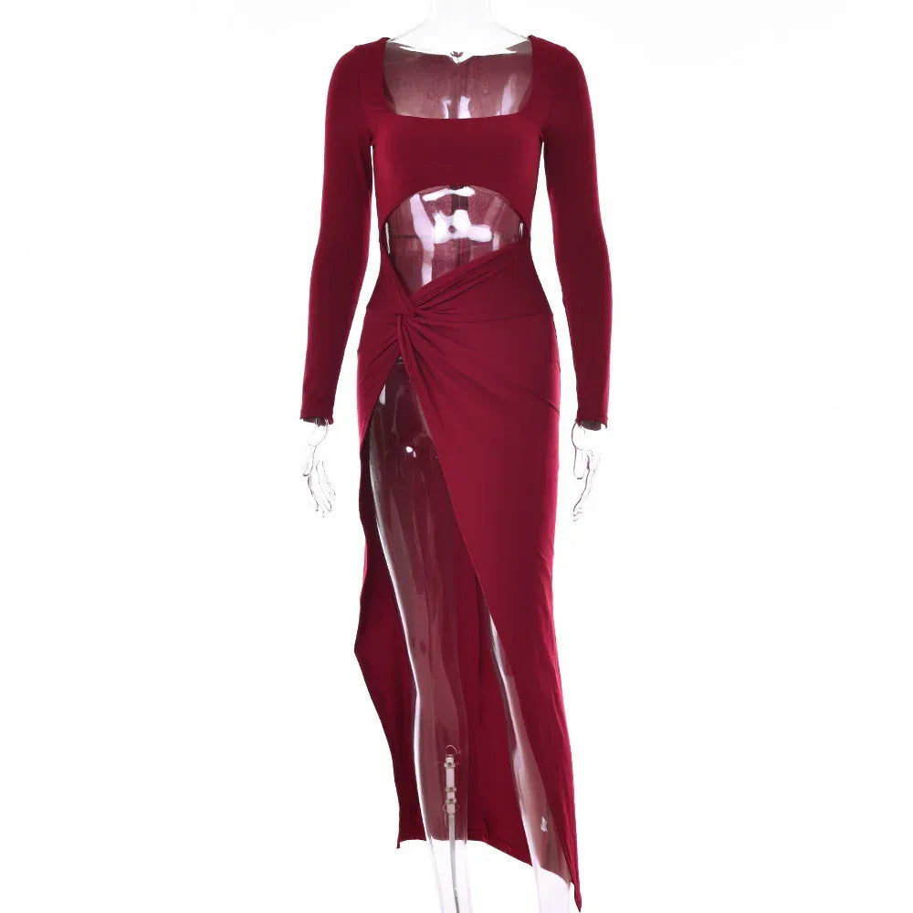 Womens Clothing Long Sleeve Dress Fashion Hollow U-neck Split Dress Party Wedding - DanaFashionstore