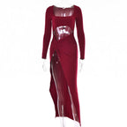 Womens Clothing Long Sleeve Dress Fashion Hollow U-neck Split Dress Party Wedding - DanaFashionstore