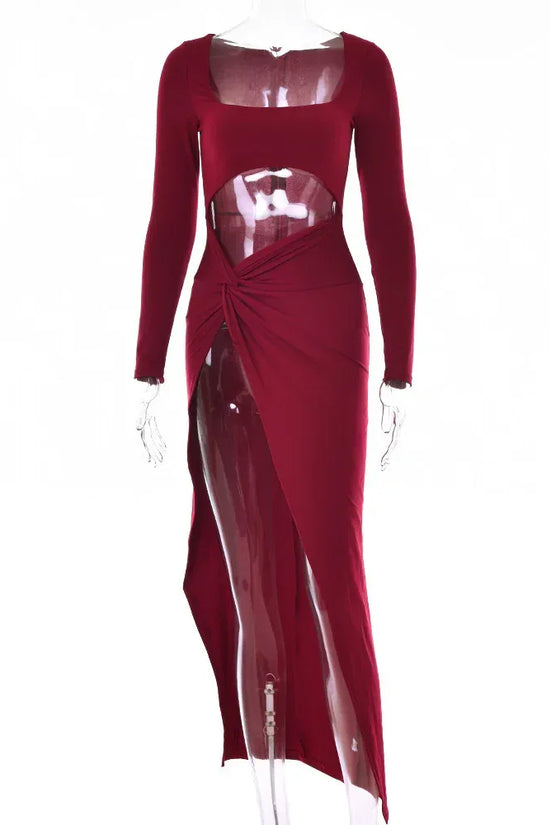 Womens Clothing Long Sleeve Dress Fashion Hollow U-neck Split Dress Party Wedding - DanaFashionstore