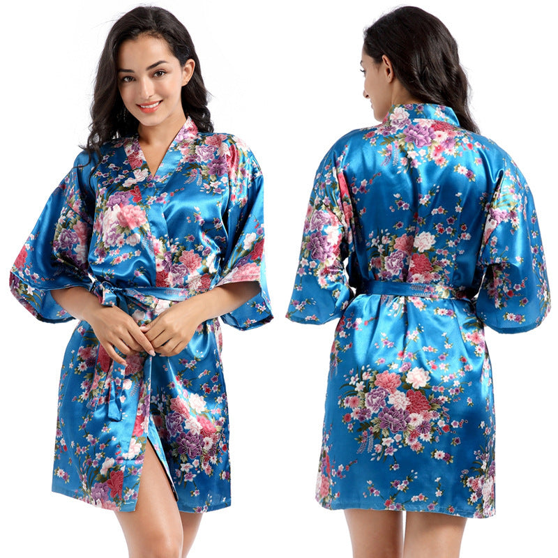 Home Short Cardigan Nightgown Plus Size Loose Silk Printing Morning Gowns - Dana Fashion