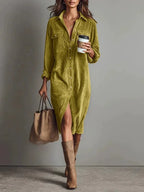 Turn-Down Collar Buttons Chic Casual Dress, Women Spring Autumn Solid Simple Party Dress, Long Sleeve Holiday Ladies Dress - DanaFashionstore