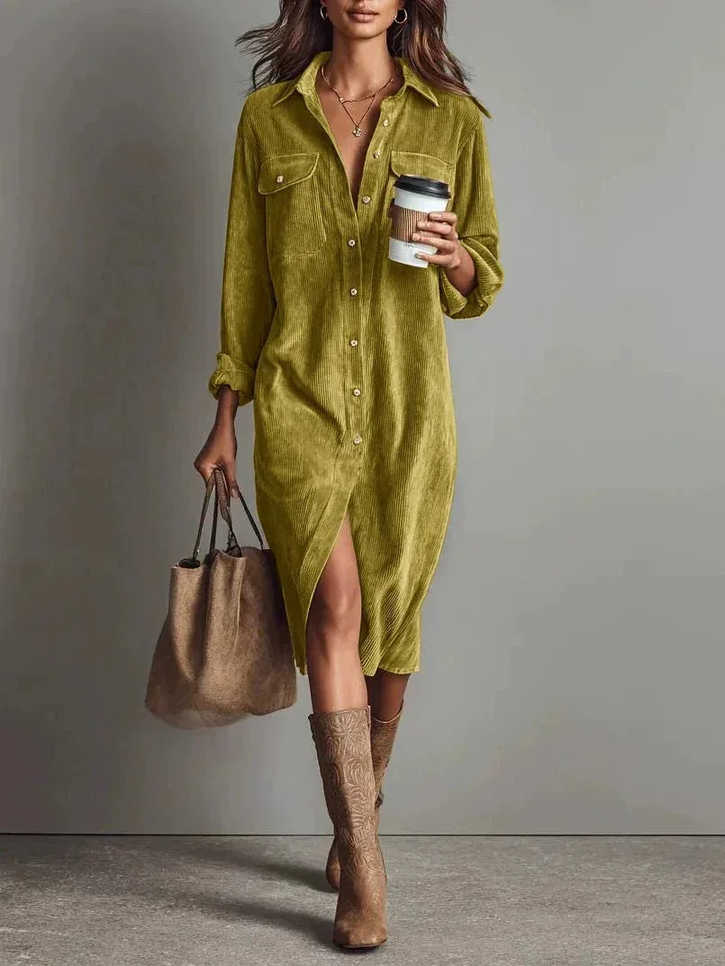Turn-Down Collar Buttons Chic Casual Dress, Women Spring Autumn Solid Simple Party Dress, Long Sleeve Holiday Ladies Dress - DanaFashionstore