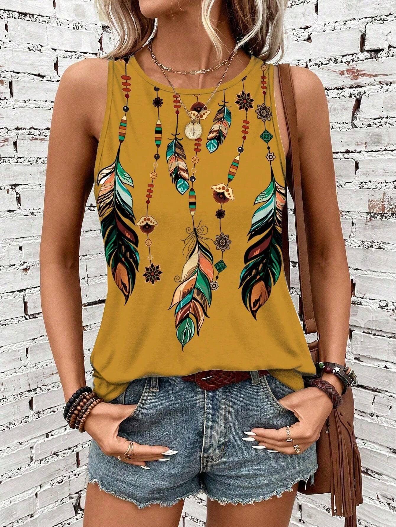 Women's Feather Print Vest Summer Print - DanaFashionstore