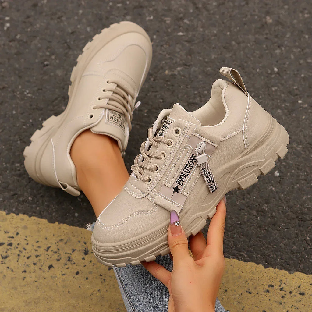Lace-up Sports Shoes With Side-Zipper Design Fashion Thick-soled Round-toe Casual Shoes For Women Sneakers - DanaFashionstore