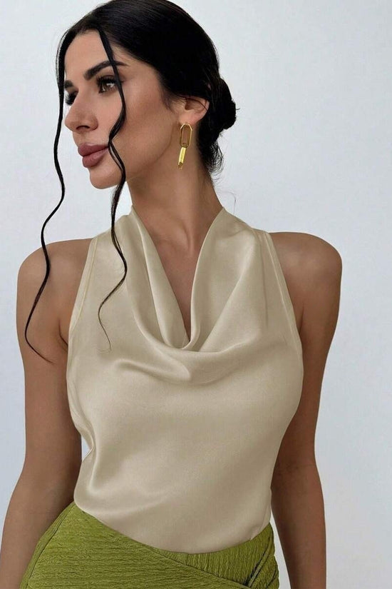 Women Solid Color Swing Collar Sleeveless Vest Trendy Elegant Shirt With Halter Neckline Backless Short Sleeve Tops Tshirts