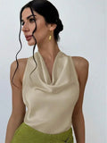 Women Solid Color Swing Collar Sleeveless Vest Trendy Elegant Shirt With Halter Neckline Backless Short Sleeve Tops Tshirts - DanaFashionstore