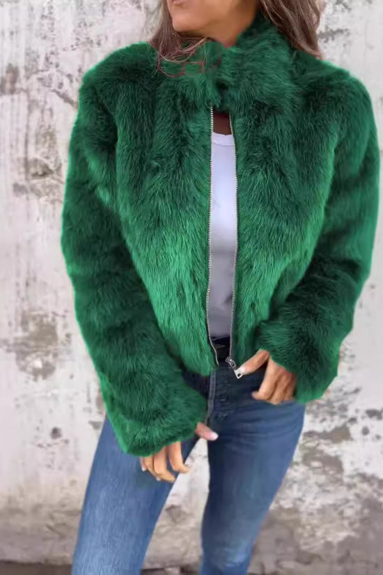 Fashion Stand Collar Plush Jacket Winter Casual Turtleneck Zipper Coat Fleece Tops Women's Clothing