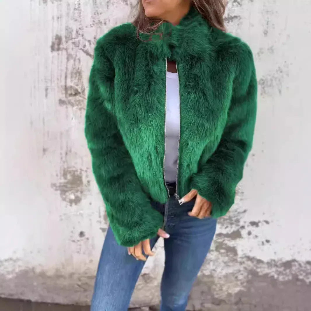 Fashion Stand Collar Plush Jacket Winter Casual Turtleneck Zipper Coat Fleece Tops Women's Clothing - DanaFashionstore