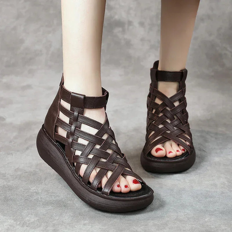 New Ethnic Style Retro Wedge Sandals Women's Casual Bag Heel Sandal Boots Cowhide Fish Mouth Sandals - DanaFashionstore